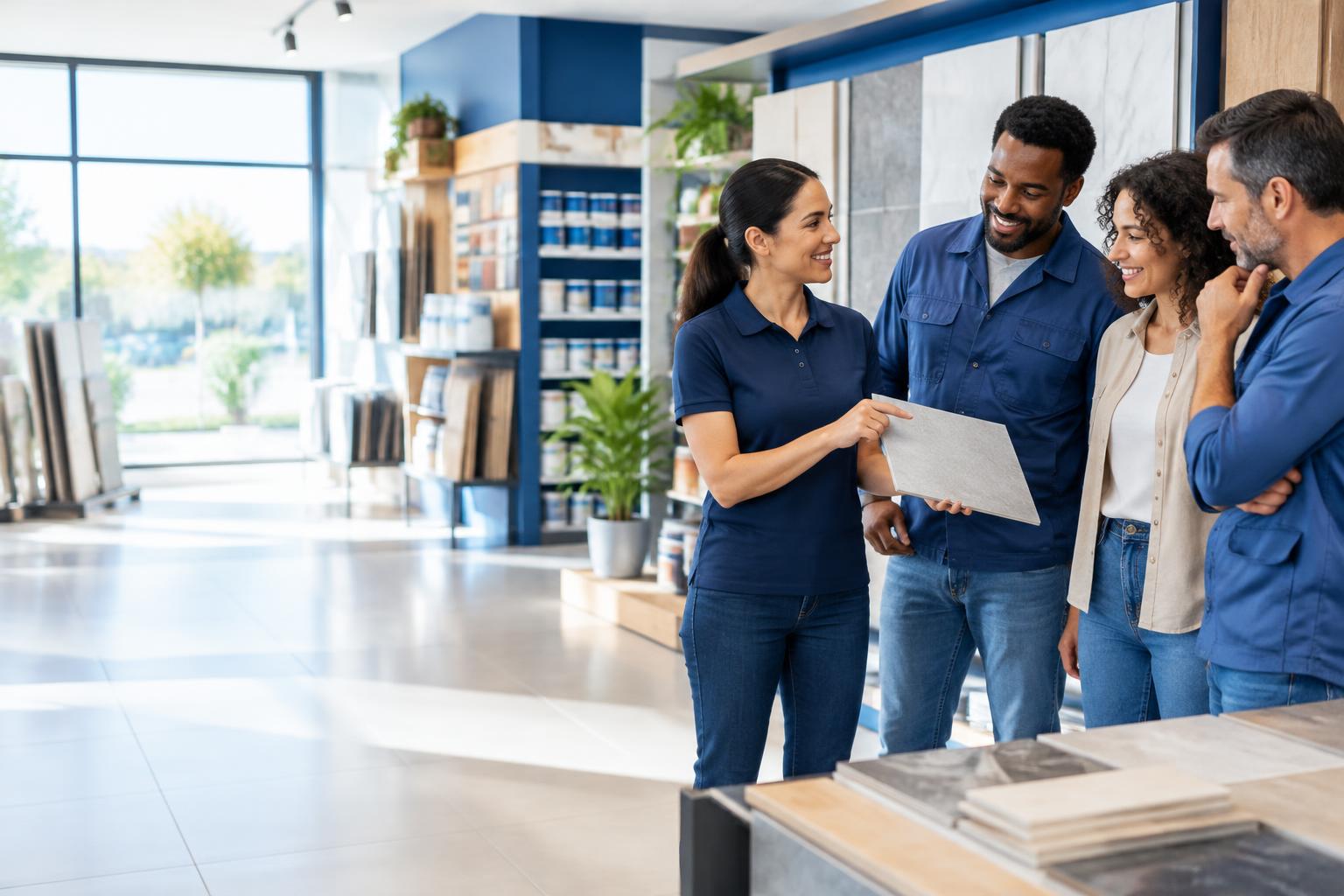 Equipe aprendendo sobre materiais de construção em uma loja
